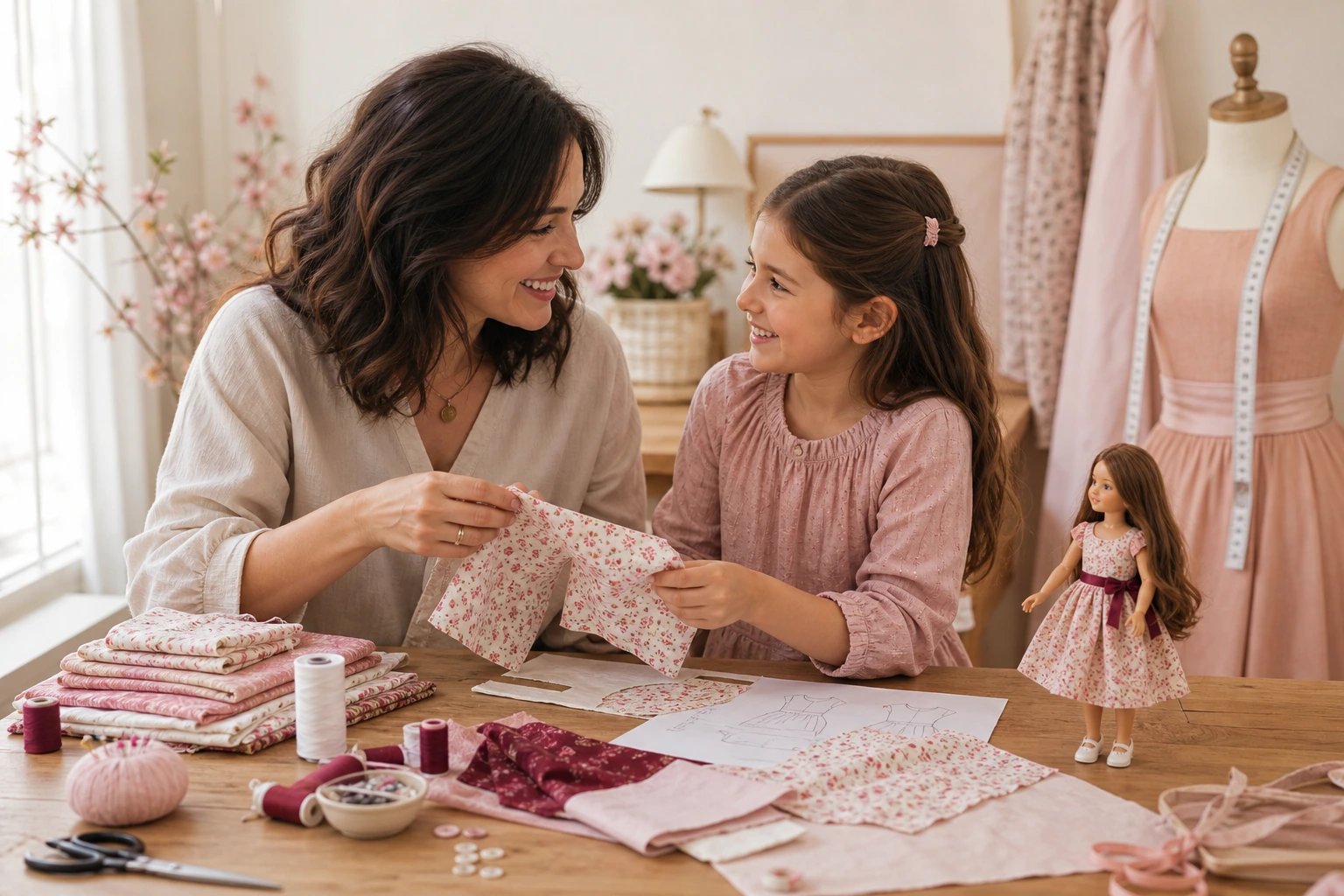 Mother and daughter choosing fabric together