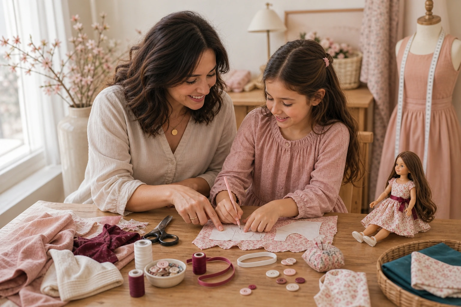 Mother helping her daughter prepare a doll-clothes pattern