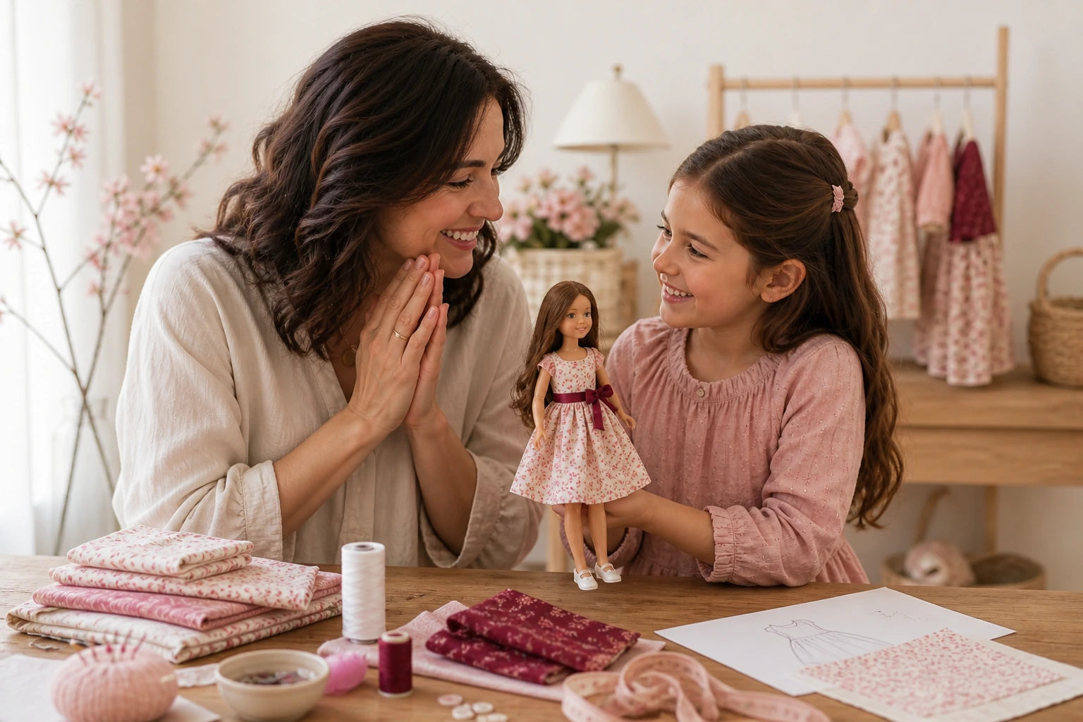 Girl proudly showing the doll outfit she made