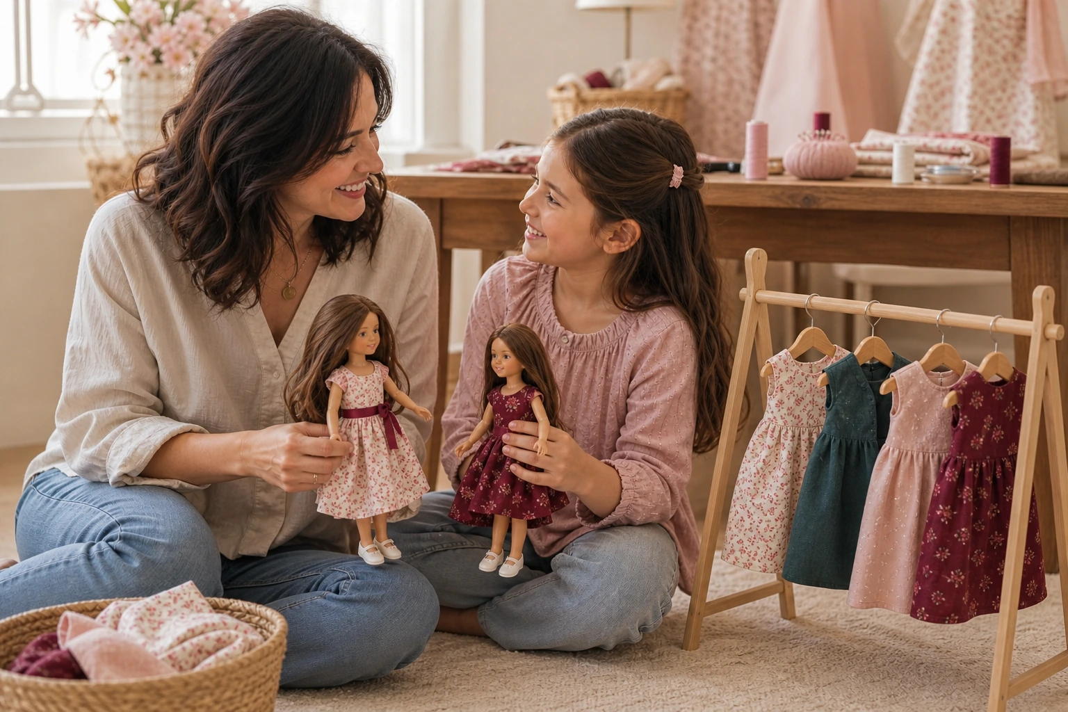 Mother and daughter admiring the doll wardrobe they made